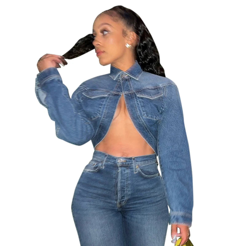 Fashion Women's Denim Jackets Patchwork Lapel Single Buttons Pockets Long Sleeve Short Blue Coat