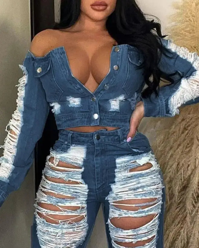 S-2XL Sexy Women Outfit High Waist Pocket Design Ripped Jeans Streetwear Pants Autumn Summer Spring New Fashion Girls Casual Fashion Clothing Supplies