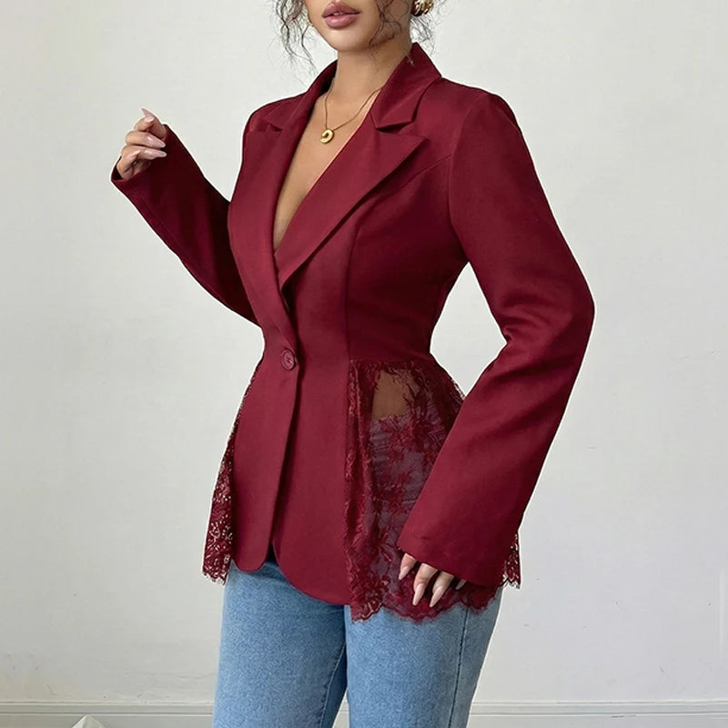 Just Arrived XS(6)- 2XL(18) UK Size 4 Colors Elegant Lace Patchwork Blazer Jacket Women Fashion Notched Collar Long Sleeve One-Button Perspective Sexy Versatile Suit Coat