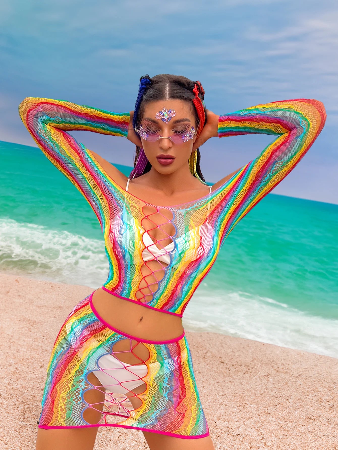 Colorful Rainbow Beach Cover Up Dress 2 Piece Set with Long Sleeve Sheer Stretchy Bodycon Fit