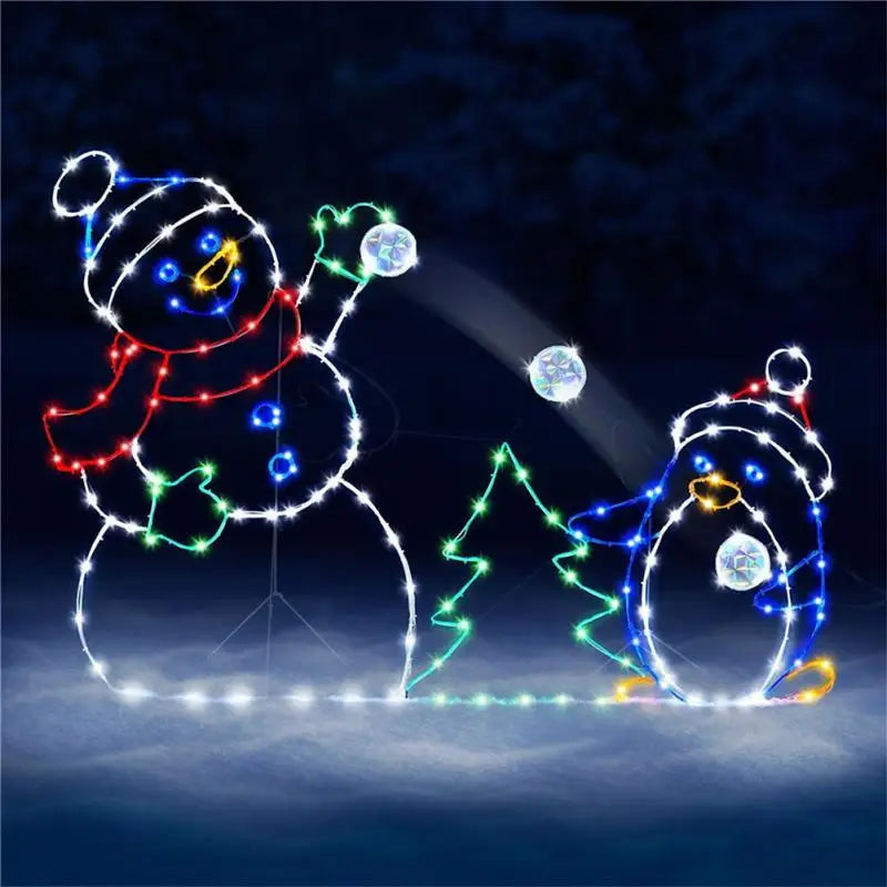 Christmas New Year Eve Home Outdoor Garden Courtyard Lawn Decoration Animated Snowball Fight Active Light String Frame Set Decor Holiday Party Snow Glowing Decorative Sign Accessories Sets Supplies
