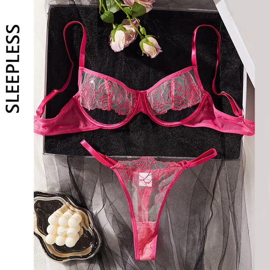 Sexy Rose Embroidery Underwear Tulle Transparent Bra Set Women Fancy Lingerie 2 Pcs Hollow Rose Red Lace Intimate Underwear