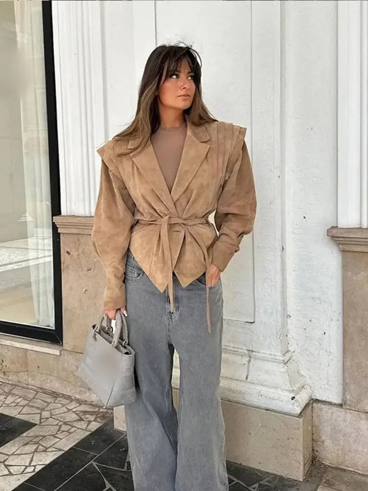 NEW Arrivals UK Size 3 Colors Women High Street Leather Jacket Versatile Brown Long Sleeves V-Neck Lace-Up Jacket Coats Winter Causal Chic Female Outwear