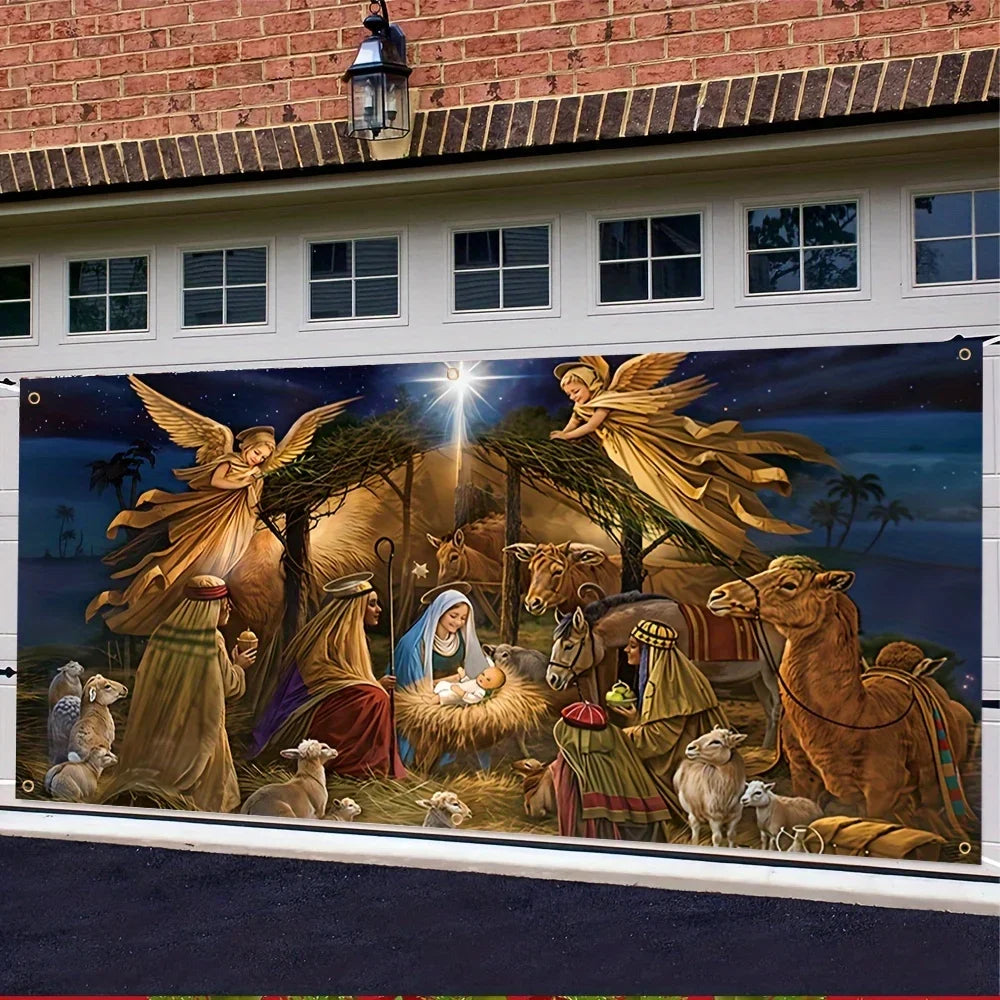 Merry Christmas Nativity Garage Door Banners, Polyester Garage Door Decorations, Garage Door Murals, Holiday Decorations