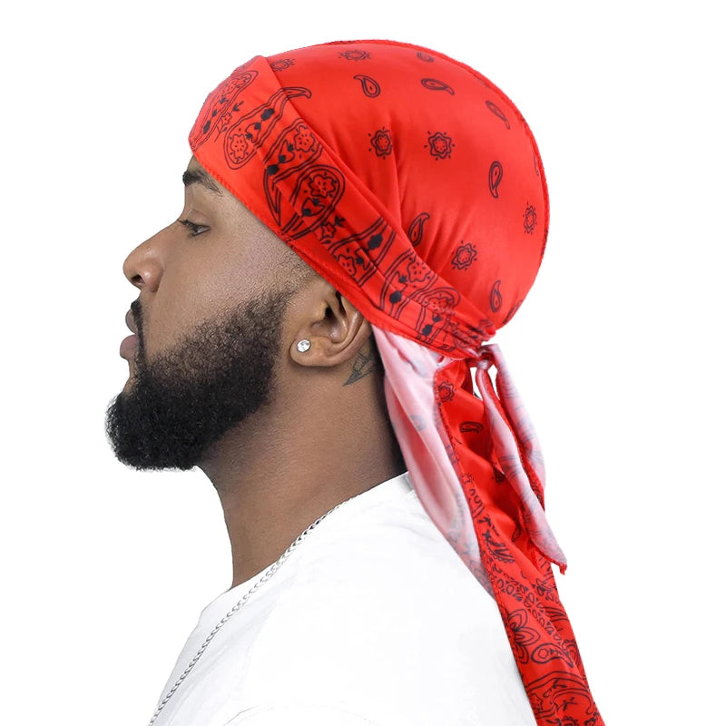New Men Satin Paisley 8 Colors  Durag Turban Bandanas Headwear Silky Durag Doo Rag Long Tail Pirate Hat Wave Caps Hair Accessories
