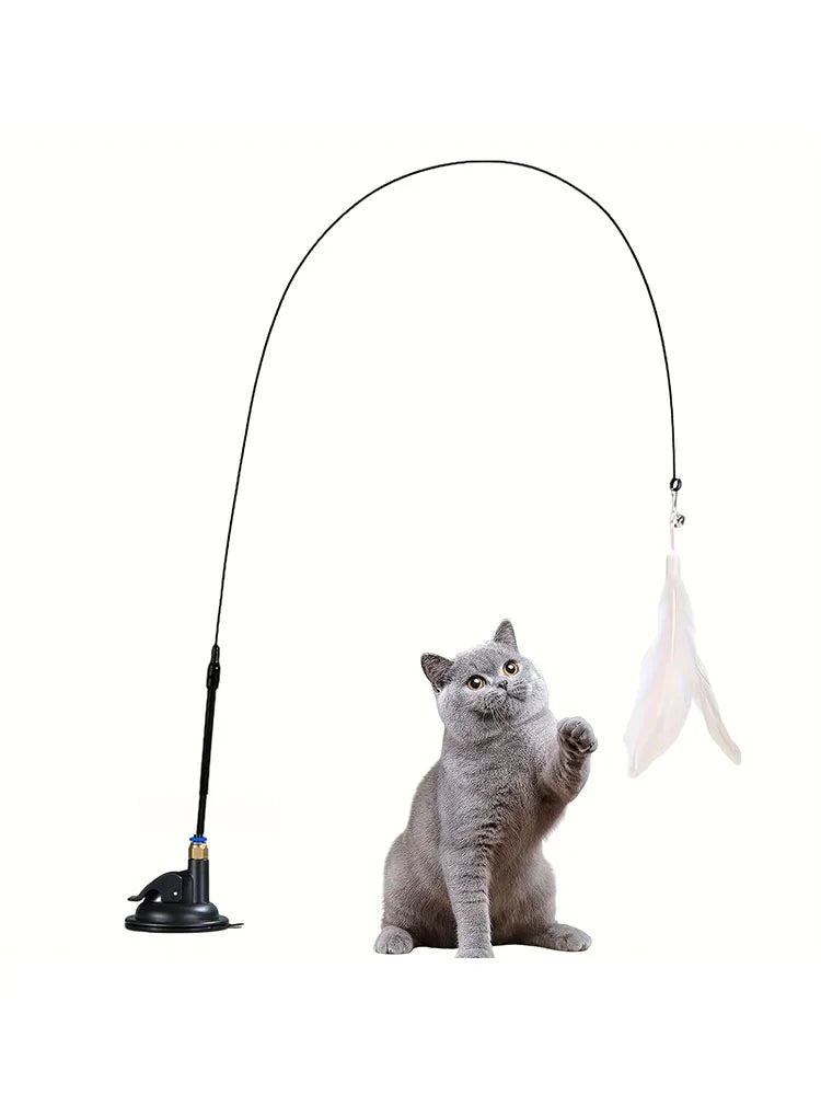 Cat Teaser Toy - Interactive Bell & Feather Wand - Long Suction Cup Pole for Exciting Playtime Adventures - Ultimate Cat Toy Pets Accessories