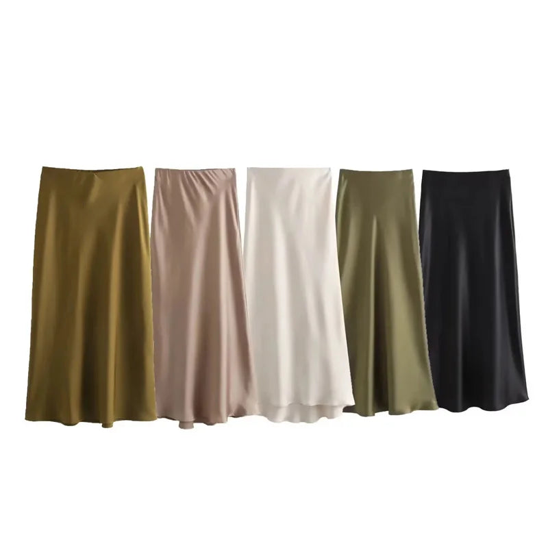 Just Arrived 5 Colors UK Size Luxury Satin Skirt Woman High Waist Elegant Long Skirts For Women Fashion Summer Midi Skirt Office Women's Skirts