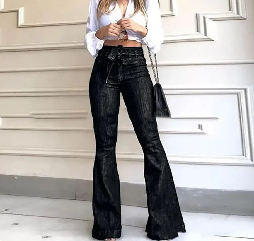 NEW Arrivals UK S-2XL Size Black/Blue Mom Jeans Women Flare Pants Zipper Fly Flat Pockets Streetwear Denim Work Elegant Bodycon Slight Stretch Belt High Waisted Jeans
