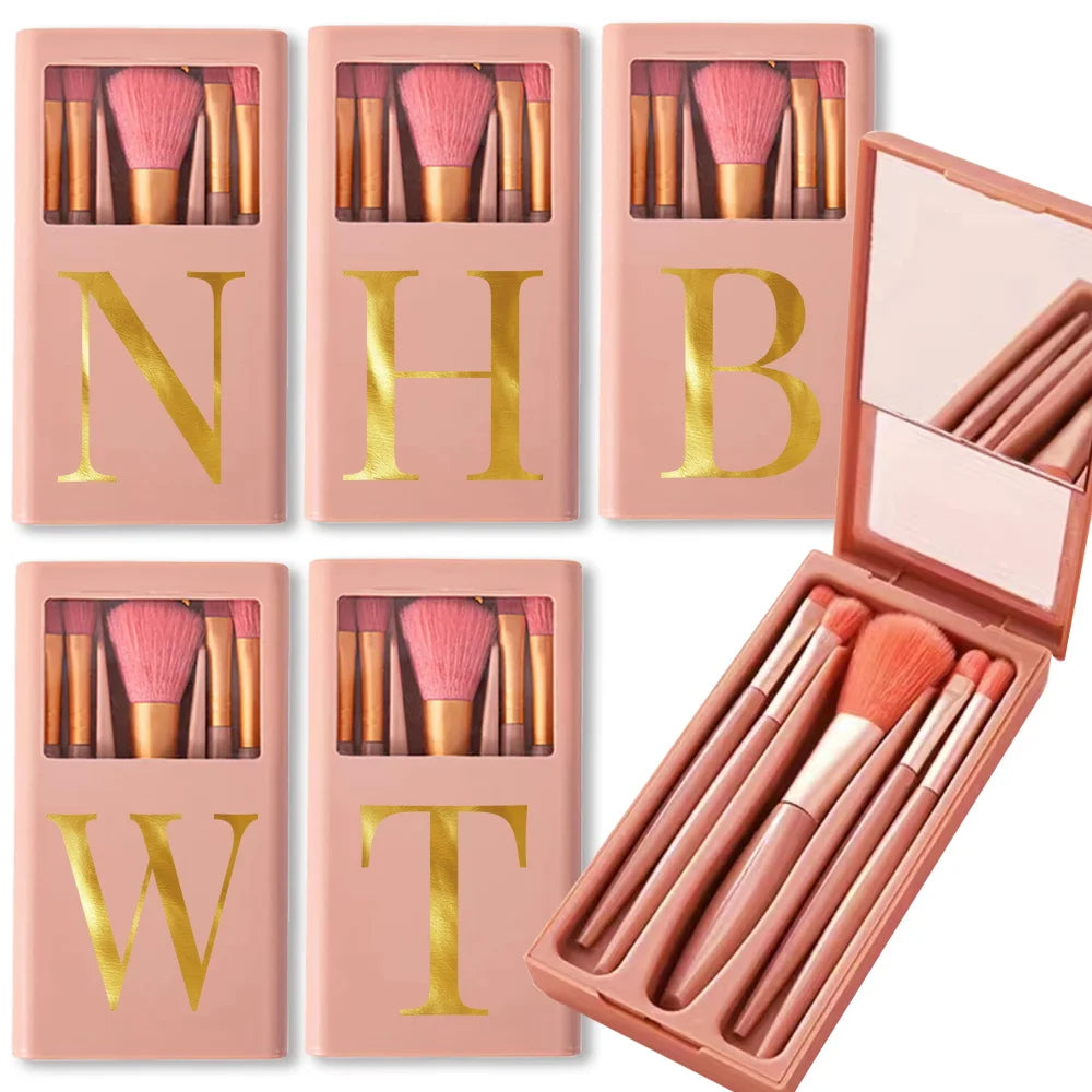 NEW Arrivals 5 PCS Set  Cosmetic Brushes Travel Kit With Mirror Organizer Case Make-Up Powder Smudge Brush Set Full Series Storage Box Letter Pattern Women Cosmetic Accessories