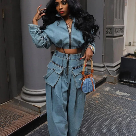 Fashion Retro Women's Casual Wide Leg Loose Heavy Duty Denim two-piece set for women two piece set women sexy club  zevity
