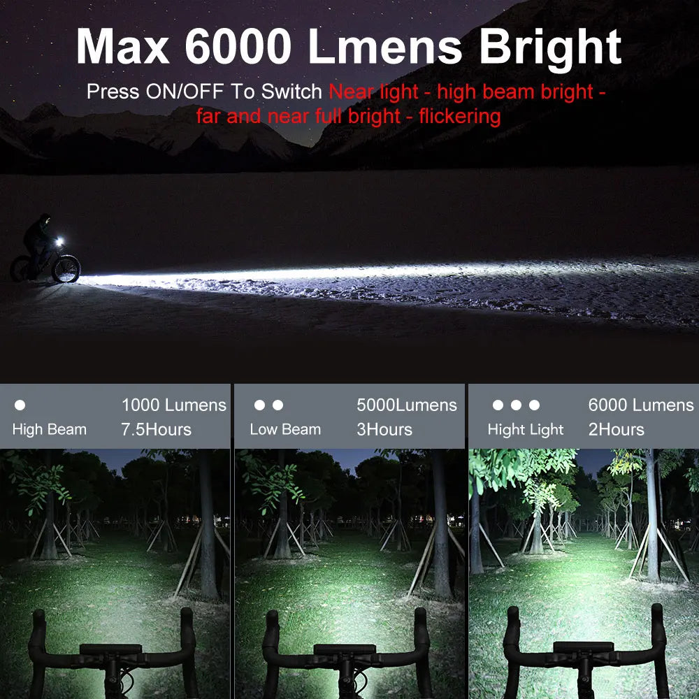 Bicycle Light Front 6000Lumen Bike Light 8000mAh Waterproof Flashlight USB Charging MTB Road Cycling Lamp Accessories