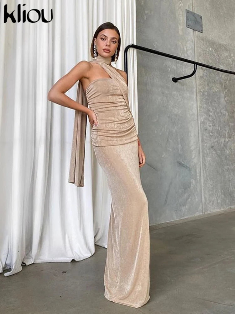 NEW Arrivals Luxury Slash Neck Ribbons Women Girls Dress Hipster Elegant Incline Shoulder Pleated Sleeveless Slim Long Robe High Street Frock Evening Wedding Birthday Party Business Dinner Night Clubwear Female Ladies Luxury