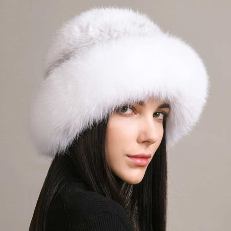 New Arrivals Real Mink Fox Fur Siberian Style Women Girls Winter Warm Snow Clothes Accessories Supplies Luxury Knitted Bomber Hat Natural Fox Fur Cap Quality Soft 100% Genuine Mink Fur Hats Female Ladies Luxury Fashion Clothi