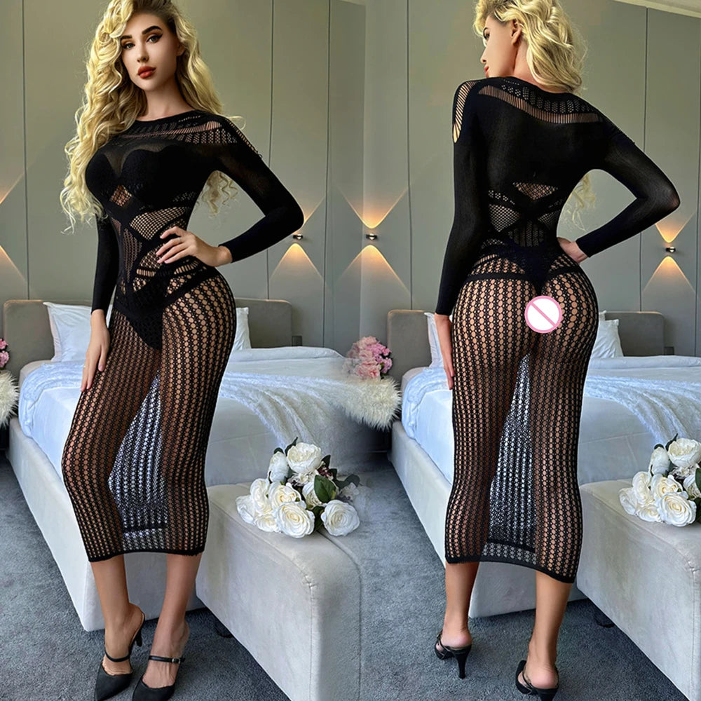 NEW Arrivals S-2XL UK Flexible Size 4 Colors High Quality Mesh Sex Set Women's Hot Sexy Fishing Net Bodycon Mini/Maxi Dress Erotic See Through Hollow Mini Skirt Sexy Night Club Outfits
