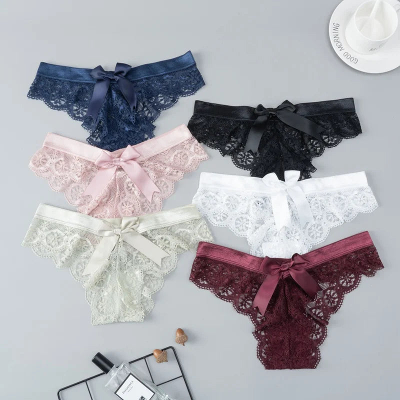 NEW Arrivals M-XL 7 Colors Sexy Lace Thong Women Bow Low Waist Panties Transparent Underwear Ladies Hollow Out Lingerie G-String Women Sexy Underwear