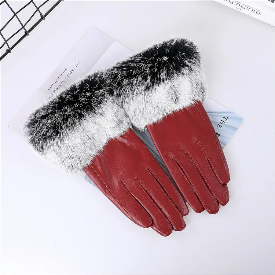 New Arrivals Women's Luxury Real Sheepskin Leather Gloves With Real Natural Rabbit Fur Cuffs Female Formal Evening Party Business Dinner Warm Gloves Fleece Lining Touch Screen Gloves Ladies Luxury Fashion Apparel Accessories