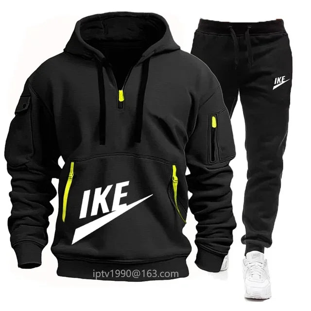 NEW Arrivals 2PCS Set S-3XL 8 Colors Men's Outdoor Gym Running Hiking Fitness Long Sleeved Hooded Sweatshirt and Casual Sweatpants Suit, Multi Zipper Design, Autumn/Winter Male Men Sports Fashion Apparel Supplies