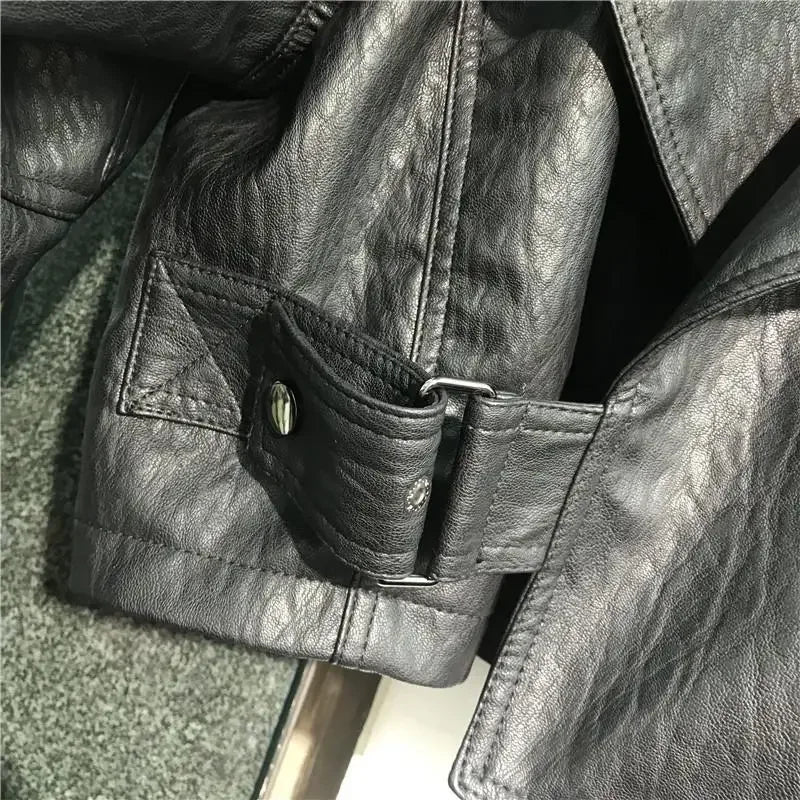 NEW Arrivals Vintage Casual Streetwear Women Leather Jacket Turn Down Collar Long Sleeve Loose Autumn Winter Coat  Style Chic Tops