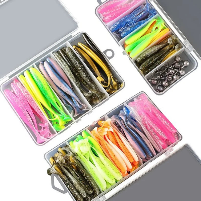 100 PCS Set High-Quality Soft Two-Tone Tail Luminous Glow in the Dark Night Fishing Lures Soft Bait Fake Bait with Lead Head Hook River Ocean Lakes Fishing Accessories Tools Set