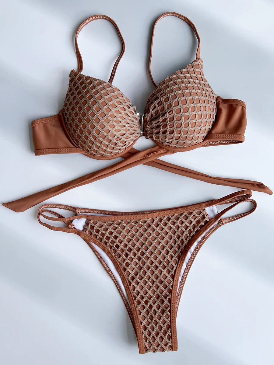 NEW Arrivals 2PCS Set  S- XL UK Size  Underwired Bra Cup Fishnet Bikini Female Swimsuit Women Swimwear Bikini Set Push Up Bather Bathing Suit Swim