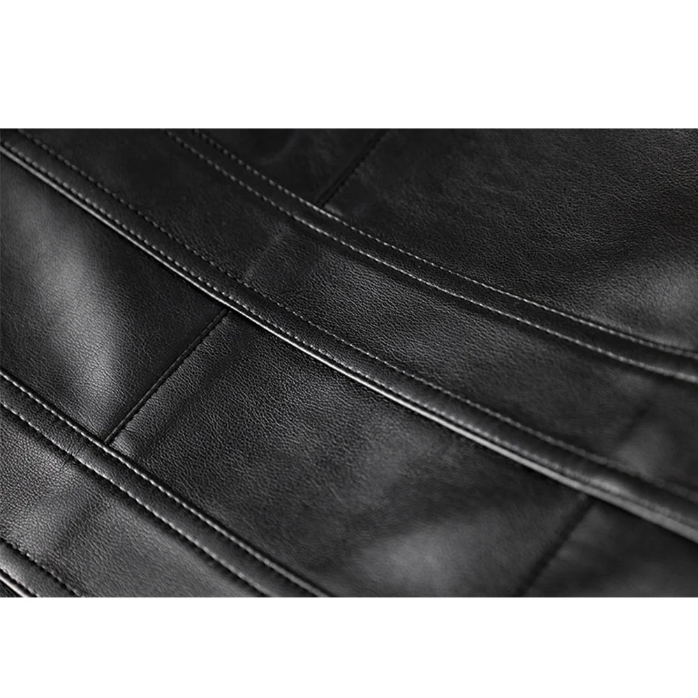 Cool Black Block Leather Slim Short Jacket Casual Buttons Full Sleeve Shoulder Pad O Neck Women Coat