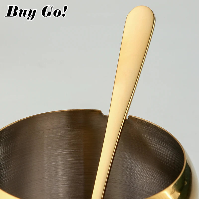3 PCS Luxury Set + 3 Matching Spoons 304 Stainless Steel Gold Seasoning Condiment Pot Set Spice Salt Sugar Container Pepper Jar Tool with Lid and Spoon Holder Rack Home Tableware Tools Sets