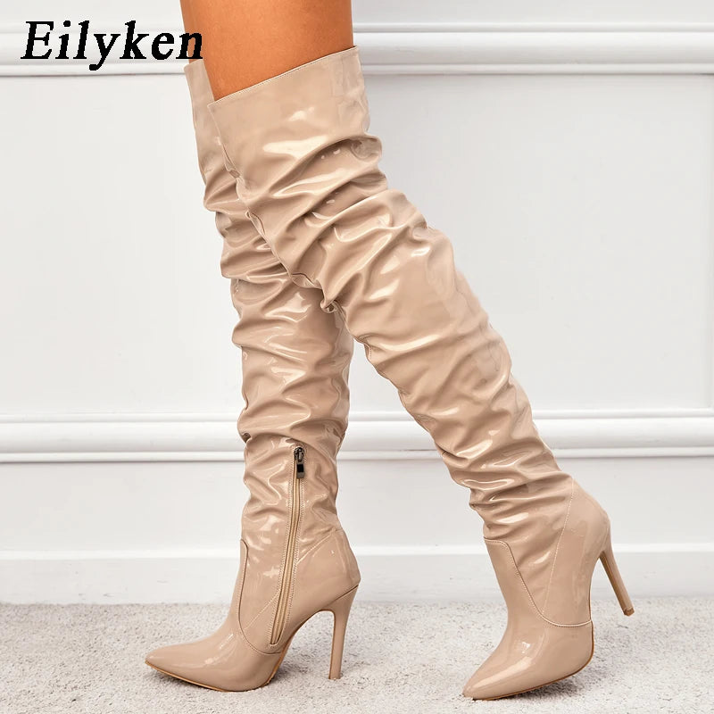 Red Women Over The Knee Boots High Heels Patent Leather Solid Pointed Toe Stiletto Side Zipper
