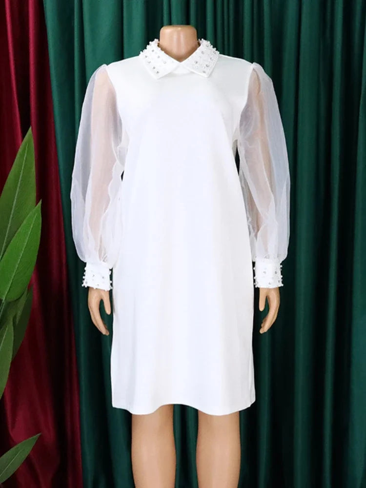 Plus Size Women Loose Dresses Turn Down Collar with Beading Elegant Office Ladies Occasion Female Casual Fashion Long Tulle Sleeves Gowns