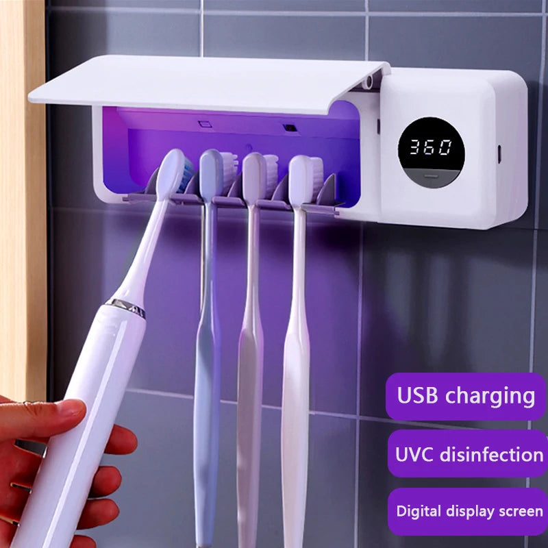 3 PCS Set Electric Toothbrush Sterilizer UV Toothbrush Sterilizer USB Charging Wall Mounted Bathroom Toothbrush Holder Digital Display