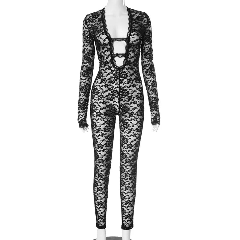Just Arrived Sexy Black Lace See Through Long Sleeve Bodysuit Jumpsuit Women Clothes Night Clubwear Slim Fit One Piece Bodycon Mesh Playsuit