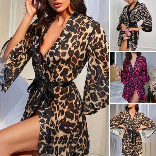 NEW Arrivals Sexy Lady Nightgown With Adjustable Waist Ties Leopard Cardigan Three Quarter Sleeves Home Wear Nightgown Bedroom Bathroom Robes Sleepwear Girls Ladies Luxury Lingerie Fashion Apparel Supplies