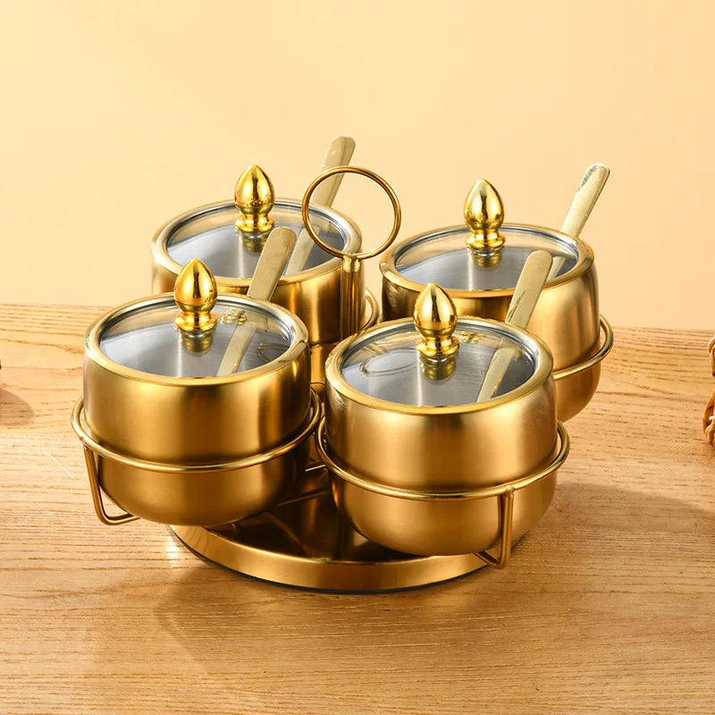 Home Villa Restaurants Hotels Household Luxury 304 Silver/Gold Color Stainless Steel Seasoning Tank Buffet Restaurant Hotel Seasoning Salt Storage Tank with Holder Rack Home Kitchenware Tools Sets