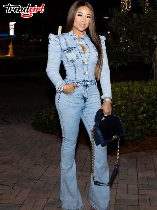 Trendgirl Oversize Long Sleeve Jumpsuit Women Denim Wash Fashion Loose One Piece Flared Pants Jeans Streetwear Female Overalls