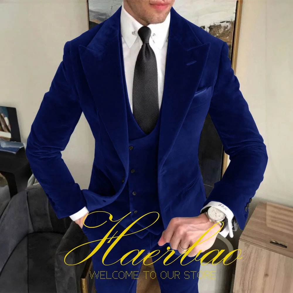 Low-Price Sales are Limited NEW Arrivals 3PCS Set S-5XL 5 Colors Suit for Men Business 100% Velvet Suit (Jacket Pants Vest) Formal Gun Lap Collar Groom Wedding Best Man Blazer Men Luxury Fashion Clothing Supplies