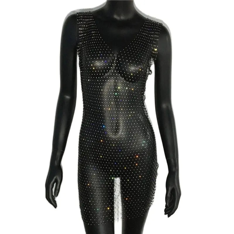 Fishnet Sparkly Rhinestone Sequins Party Dress Women Sexy See Through Side Split Hollow Dress Beach Bikini Cover Up Dress