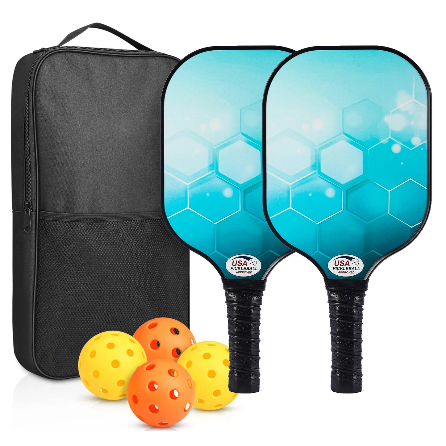 NEW Full Set Professional Fiber Glass Top Quality Pickleball Paddles Set of 2 USAPA Approved Fiberglass Pickle Ball Paddles with 4 Pickle Balls Durable Beach Rackets for Beginners Sports Accessories