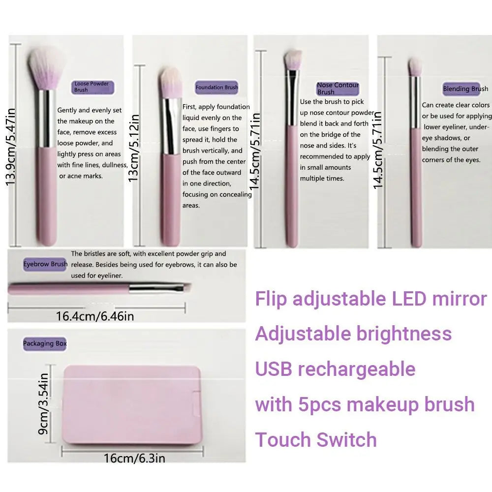 NEW Rotatable Mirror Travel Make-Up Brush with LED Light Adjustable Brightness with 5pcs Brush LED Makeup Mirror Brush Set Foldable Women Cosmetic Sets