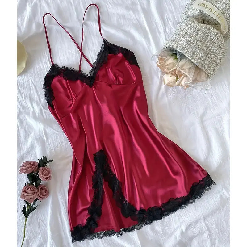 NEW S-XL 4 Colors Satin Erotic Nightdress Clothes Women Nightgowns Sexy Nightwear Lace Patchwork Lingerie Nighty Sleepwear Wedding Satin Dress Sleep Wear