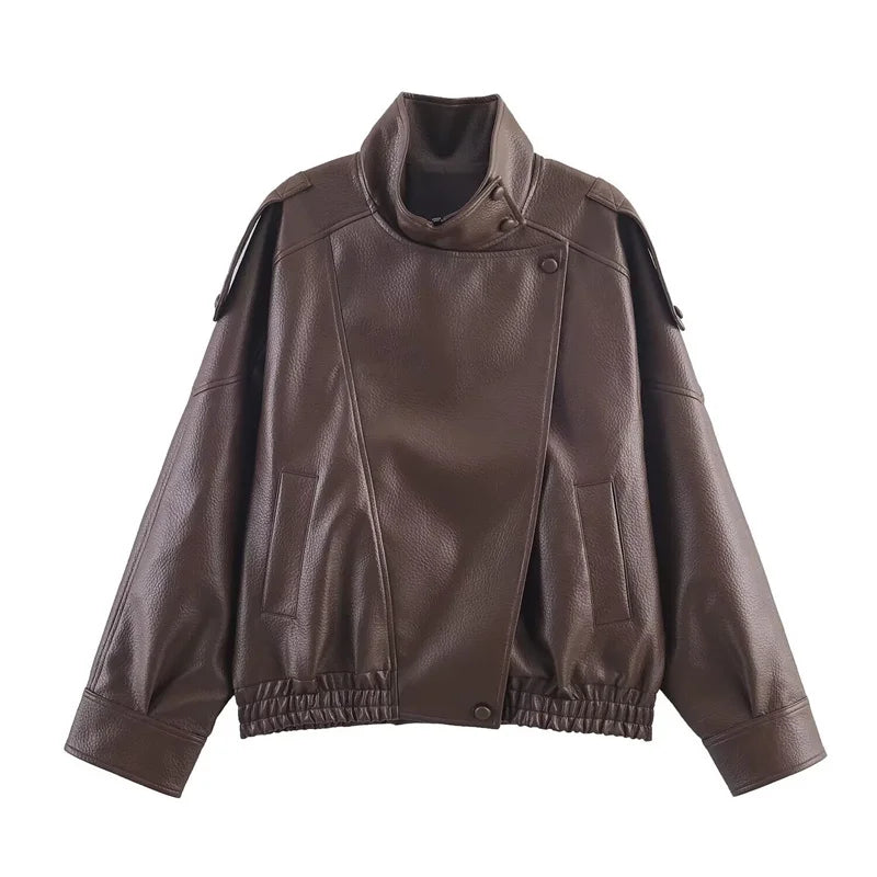 UK Size Black/Brown/Claret Color Women's Jacket  New Black Long Sleeve Pebble PU Leather Jacket Motorcycle Style Personality Fashion Women Winter Outwear Jacket