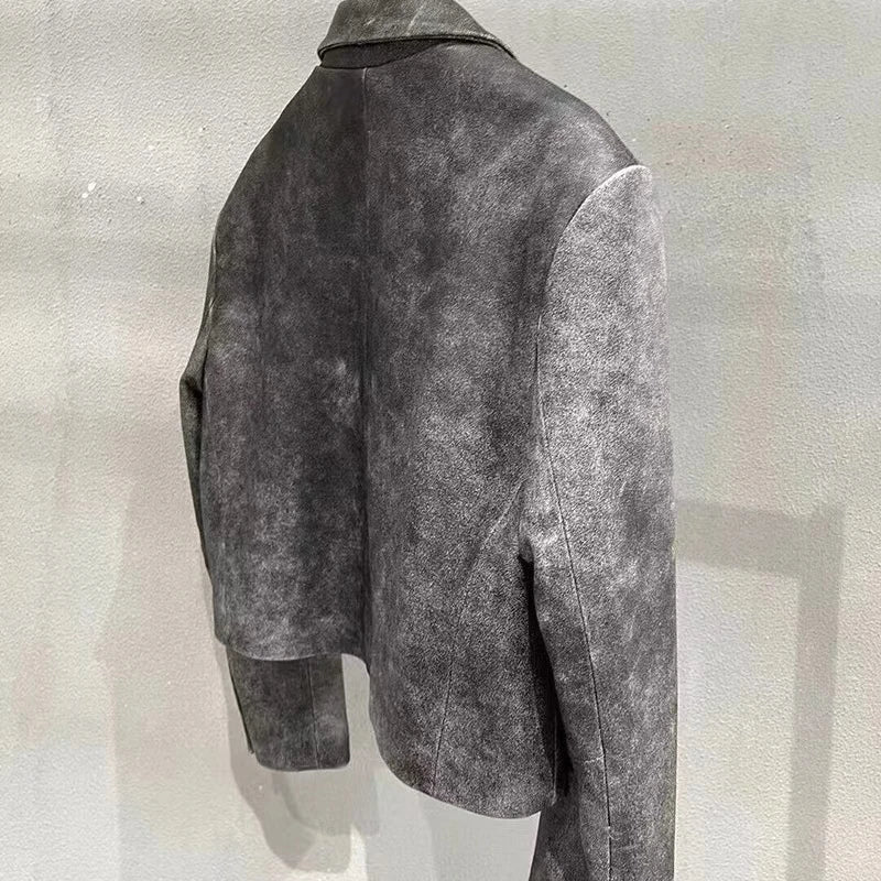 Genuine Leather Coat Women Autumn Winter New Fashion Two-Color Sheepskin Rub Color Retro Do The Old Short One-Button Suit Jacket