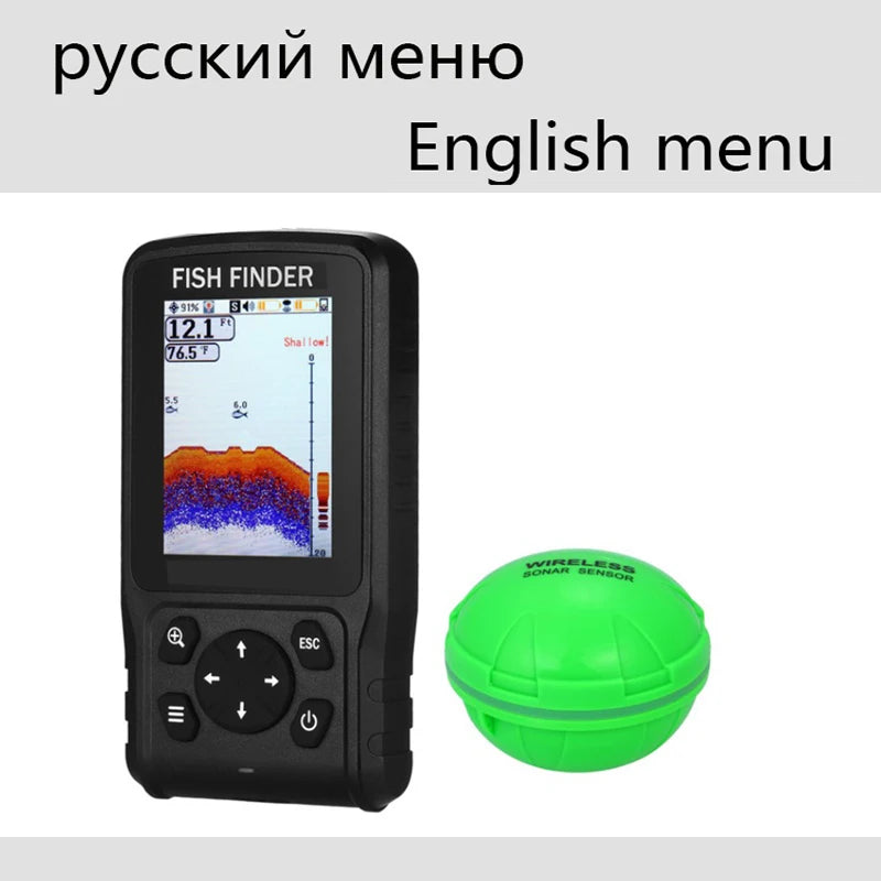 English Language 100-200meters Professional Wireless Sonar Fish Finder Dot Matrix Sonar Sensor Transducer Depth Echo Sounder  Recharged Battery Ocean Lake River Fishing Supplies