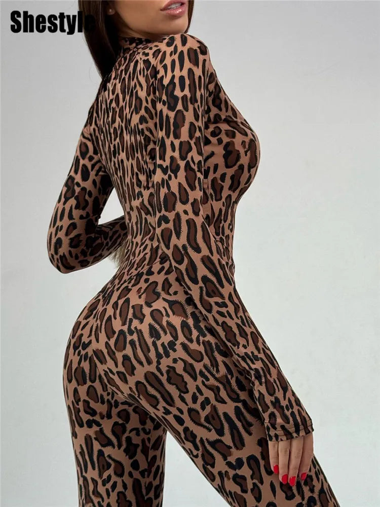 NEW Arrivals UK Size  Brown Leopard Zip Up Jumpsuits for Women Skinny Mock Neck Sexy Hand Hole Rompers Fitness Outwear Girls Ladies Sports Casual Fashion Apparel Supplies