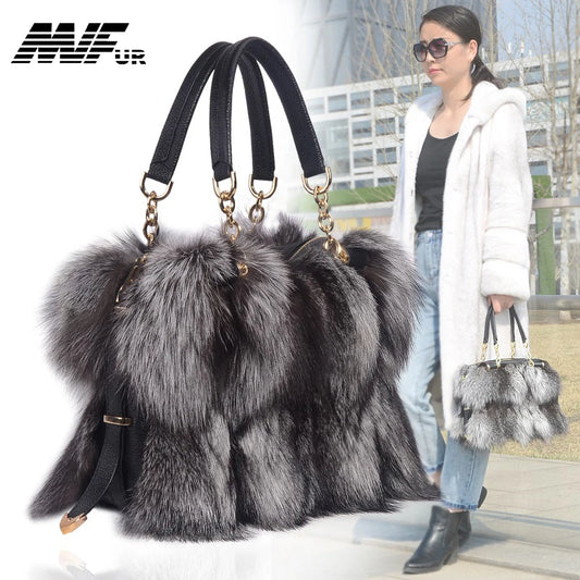 NEW Arrivals 100% Real Fox Fur Women Fashion Luxury Natural Silver Fox Handbag Lady Shoulder Bag Real Fox Fur Evening Party Formal Hand Bags Ladies Luxury Fashion Apparel Accessories