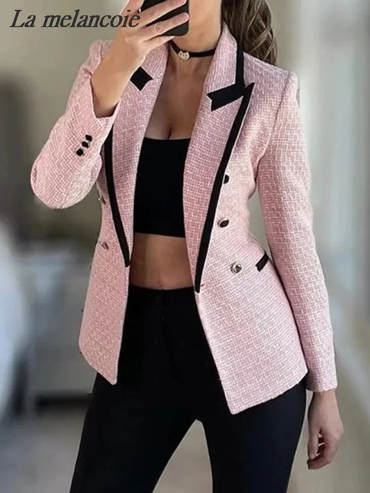 NEW Arrivals Pink/Ivory Vintage Tweed Double Breasted Blazer Coats Women New Autumn Winter Elegant Chic Pockets Jacket Office Ladies Casual Suits Ladies Luxury Fashion Clothing Supplies