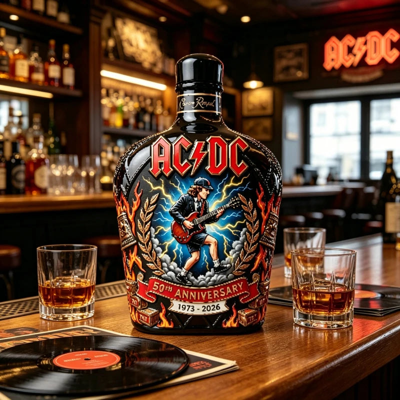 AC/DC Angus Young Lovers 50th Anniversary Collectible Whiskey Bottle 1973-2026 Rock Band Themed Liquor Bottle Collectible Home Bar Decor Gift Pubs Night Club Barware Supplies