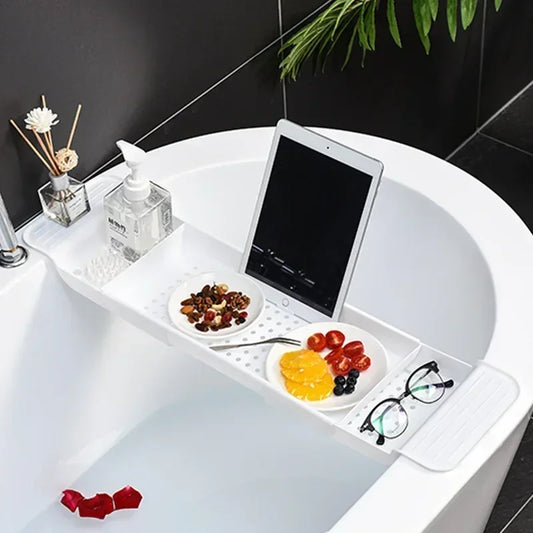 NEW Large Size Black/White Color Bathtub Shelf Extendable Bathroom Bathtub Tray Shower Caddy Bamboo Bath Tub Rack Towel Book Holder Storage Organizer Accessories