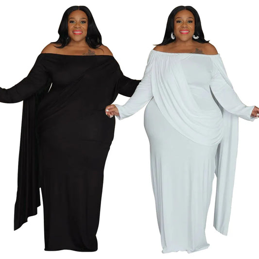 XL-5XL Plus Size Women Girls Slash Neck Long Sleeve Off Shoulder Extra Large Luxury Dress New Arrivals Pleats Elegant Evening Wedding Party Dresses Female Ladies Luxury Fashion Clothing Supplies