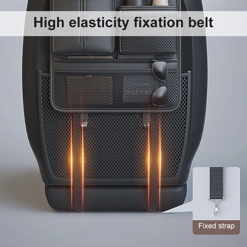 Car Seat Back Organizer Rear Row Storage Bag with Elastic Band  Leather Multi Pocket Anti Kick Pad Seat Protector