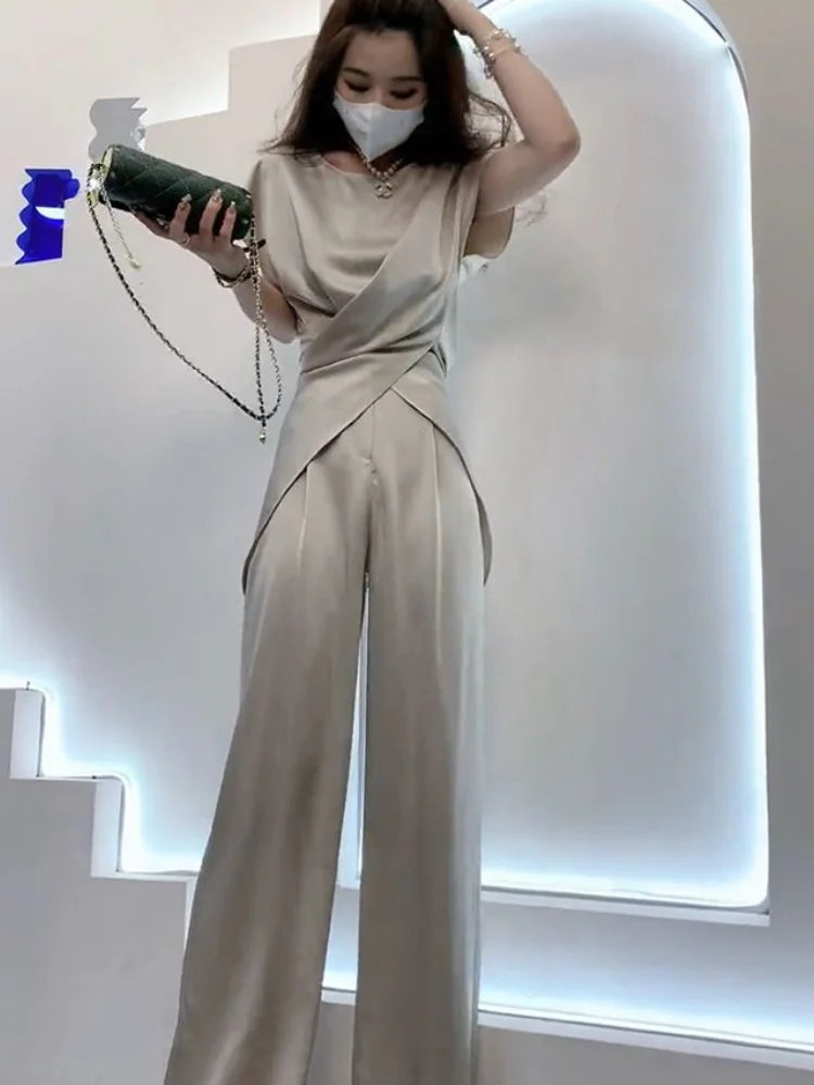 NEW Arrivals 2PCS Set M-3XL UK Size Luxury Trousers + Tops Chubby Woman Wide Leg Formal Satin Pant Sets for Women Sexy Silk Business Classy Outfit Ladies Luxury Fashion Apparel Supplies