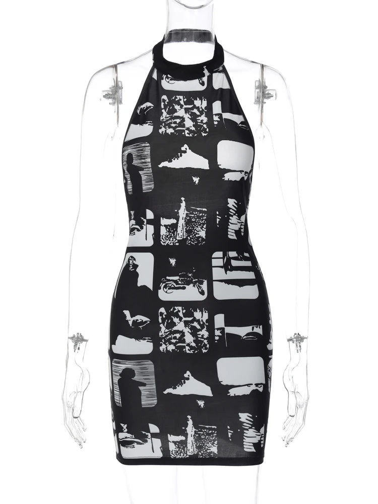 Vintage Print Halter Sleeveless Backless Sexy Slim Bodycon Mini Dress Summer Y2K Outfit Streetwear Nightclub Biker